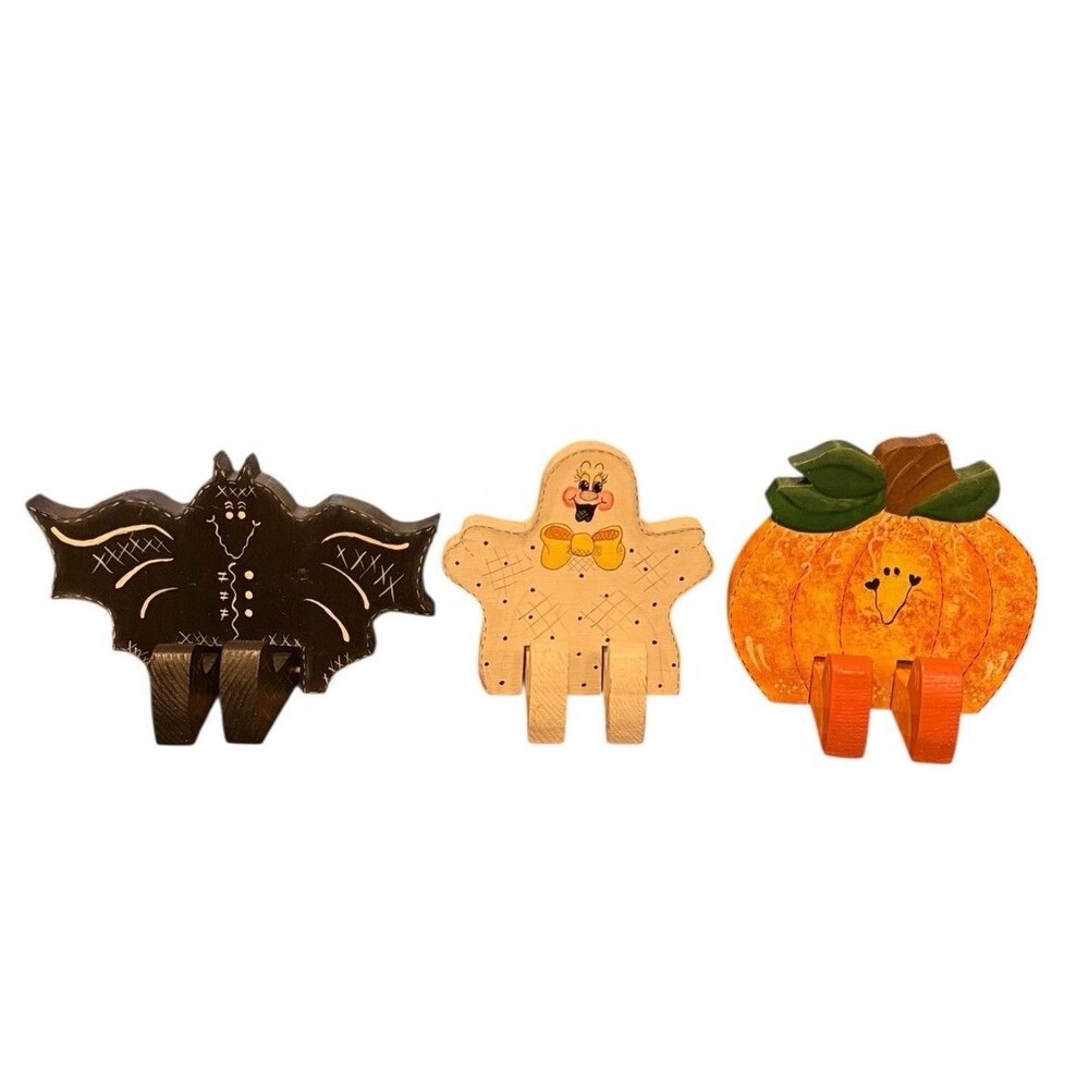 Halloween Shelf Sitters Wooden Hand-Painted‎ Ghost Pumpkin Bat Set of 3
